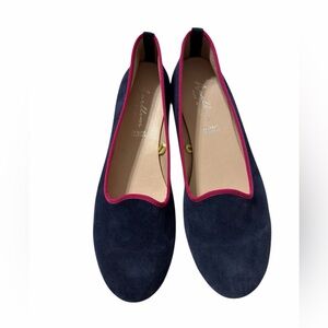 Avellini Navy Suede Smoking Flats Hot Pink Trim Made in Italy Size 9